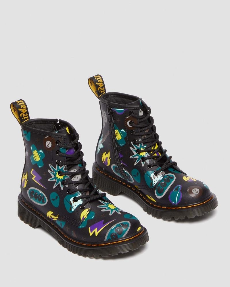 Black Dr Martens Junior 1460 Sticker Print Leather Lace Up Boots (Sticker Print Hydro) Boots | EI05-Z1WY