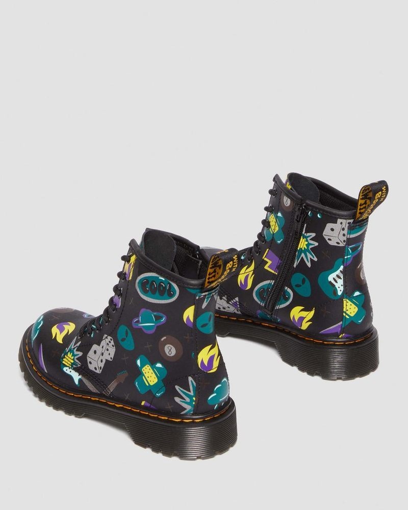 Black Dr Martens Junior 1460 Sticker Print Leather Lace Up Boots (Sticker Print Hydro) Boots | EI05-Z1WY