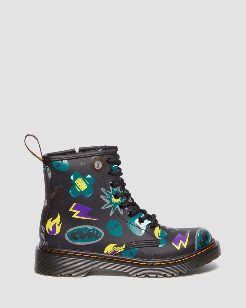 Black Dr Martens Junior 1460 Sticker Print Leather Lace Up Boots (Sticker Print Hydro) Boots | EI05-Z1WY