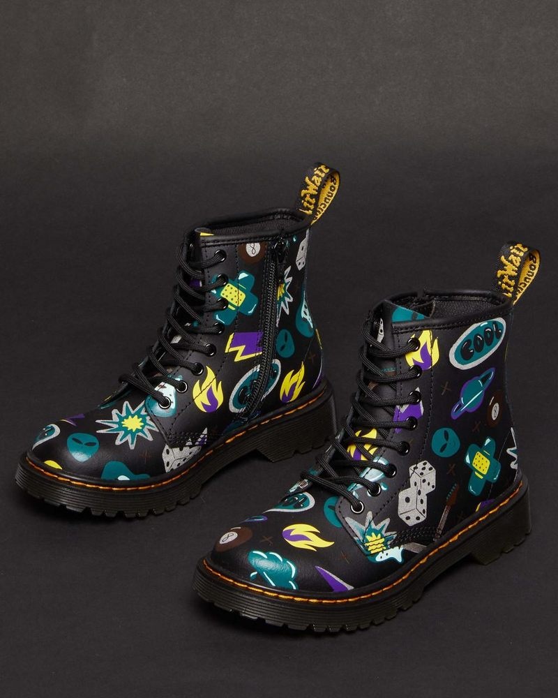 Black Dr Martens Junior 1460 Sticker Print Leather Lace Up Boots (Sticker Print Hydro) Boots | EI05-Z1WY