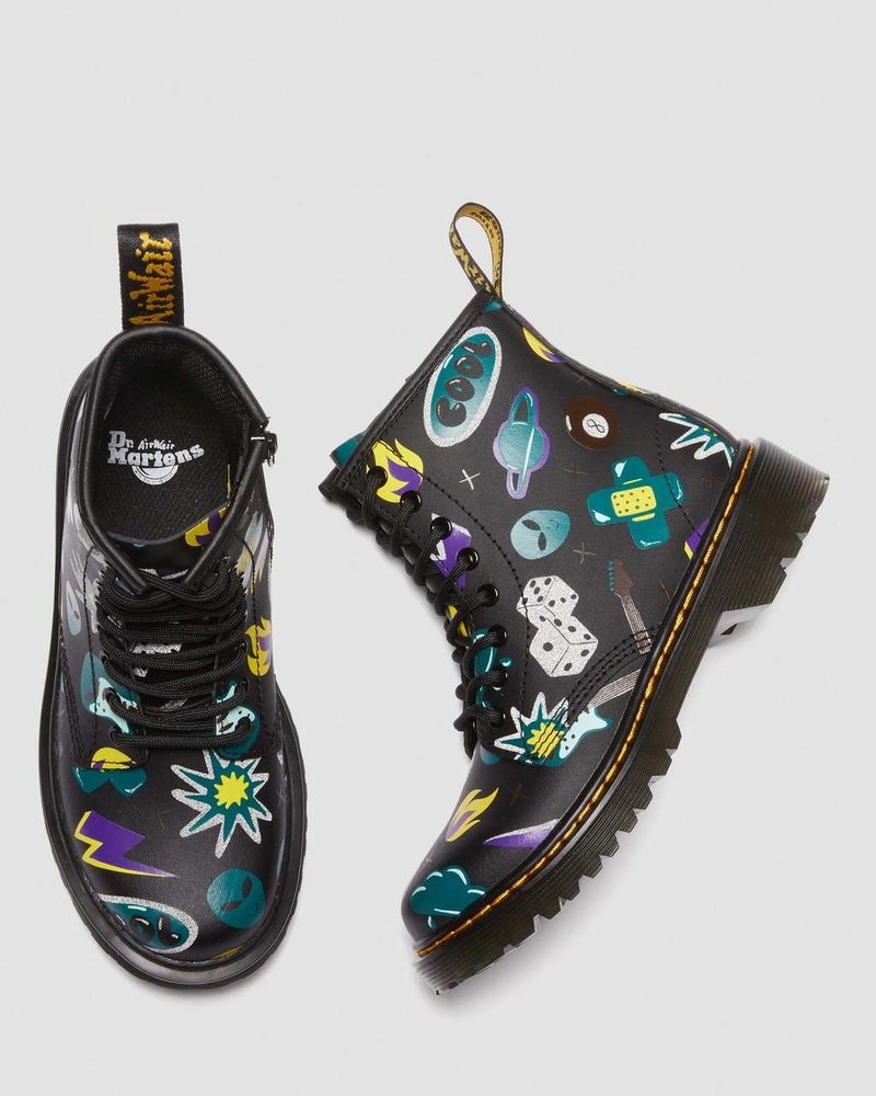 Black Dr Martens Junior 1460 Sticker Print Leather Lace Up Boots (Sticker Print Hydro) Boots | EI05-Z1WY