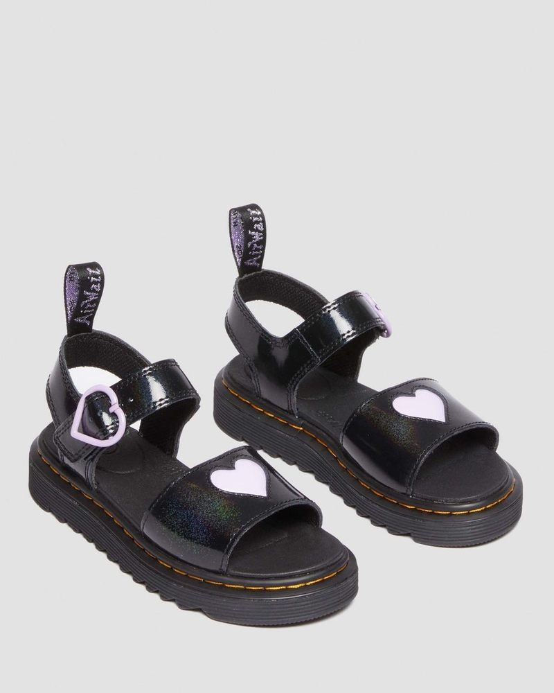 Black Dr Martens Junior Marlowe Shimmer Heart Strap Sandals (Galaxy Shimmer) Sandals | PX86-E6SK