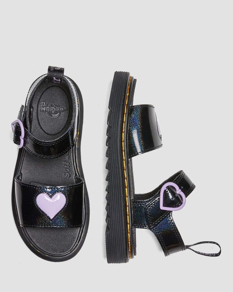 Black Dr Martens Junior Marlowe Shimmer Heart Strap Sandals (Galaxy Shimmer) Sandals | PX86-E6SK