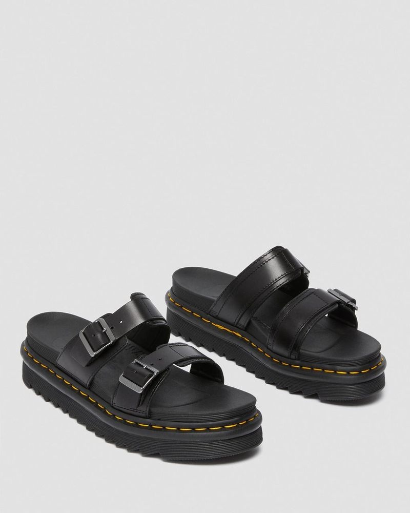 Black Dr Martens Myles Brando Leather Buckle Slide Sandals (Brando) Platforms Sandals | YX61-J7IC