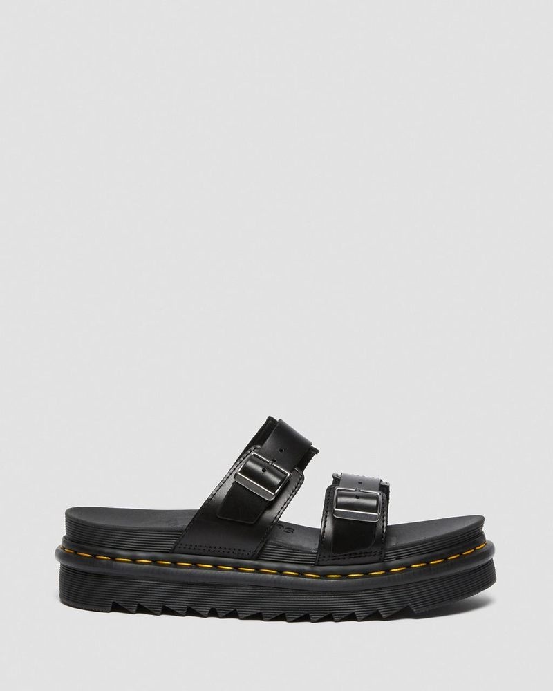 Black Dr Martens Myles Brando Leather Buckle Slide Sandals (Brando) Platforms Sandals | YX61-J7IC