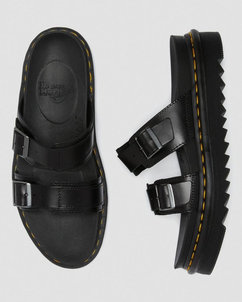 Black Dr Martens Myles Brando Leather Buckle Slide Sandals (Brando) Platforms Sandals | YX61-J7IC