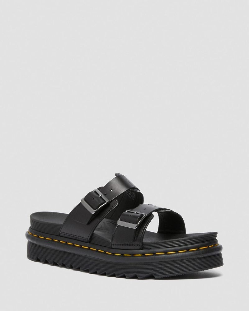 Black Dr Martens Myles Brando Leather Buckle Slide Sandals (Brando) Platforms Sandals | YX61-J7IC