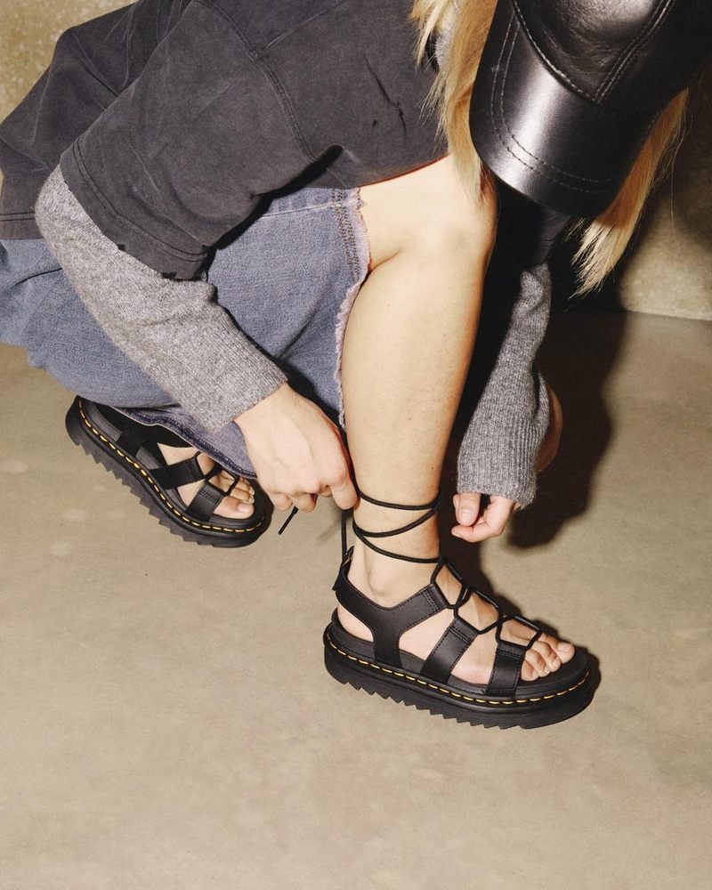 Black Dr Martens Nartilla - Leather Gladiator Sandals (Hydro Leather) Platforms Sandals | GQ71-H5CK