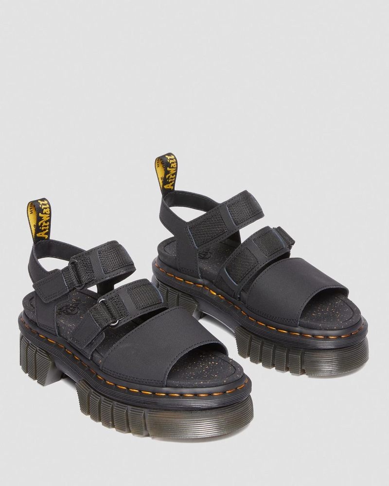 Black Dr Martens Ricki Leather 3-Strap Platform Sandals (Ajax+Extra Tough 50/50) Platforms Sandals | ZL38-C1VO