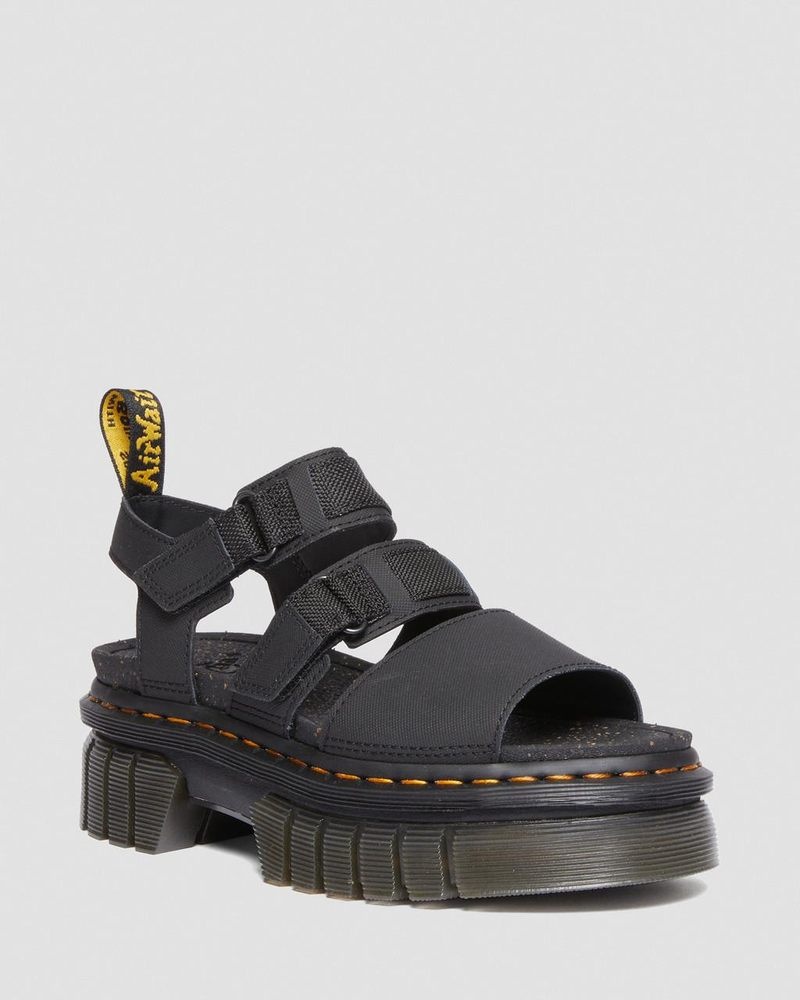 Black Dr Martens Ricki Leather 3-Strap Platform Sandals (Ajax+Extra Tough 50/50) Platforms Sandals | ZL38-C1VO