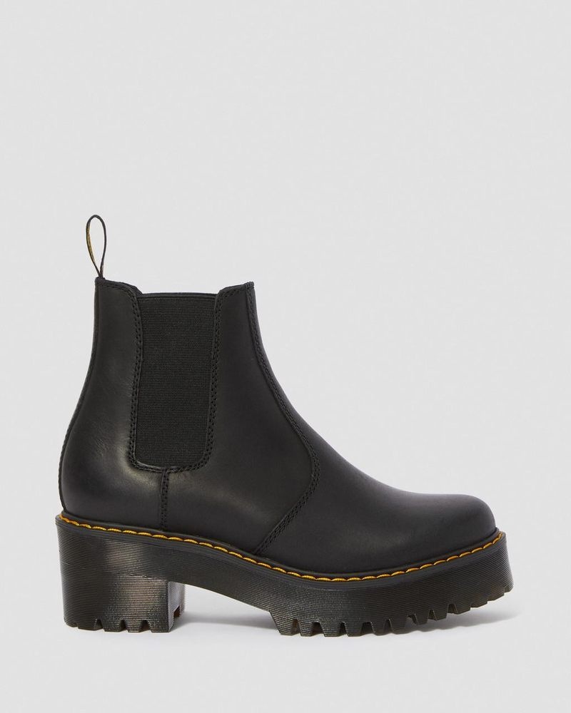 Black Dr Martens Rometty Wyoming Leather Platform Chelsea Boots (Burnished Wyoming) Platforms Boots | DE23-L8EW