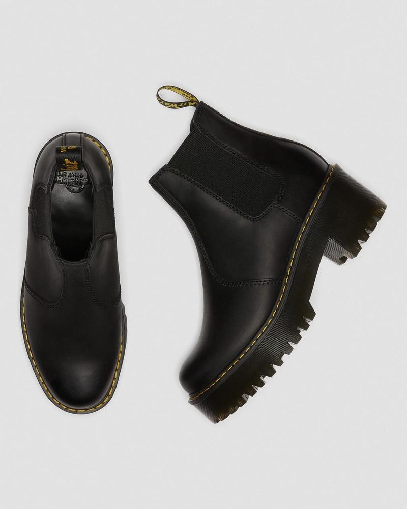 Black Dr Martens Rometty Wyoming Leather Platform Chelsea Boots (Burnished Wyoming) Platforms Boots | DE23-L8EW