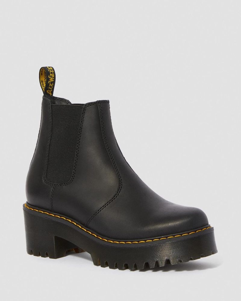 Black Dr Martens Rometty Wyoming Leather Platform Chelsea Boots (Burnished Wyoming) Platforms Boots | DE23-L8EW