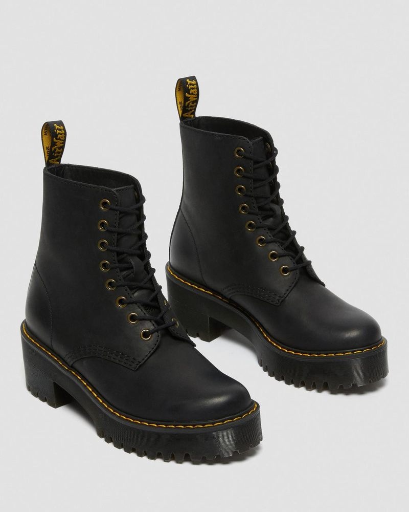 Black Dr Martens Shriver Hi - Wyoming Leather Heeled Boots (Burnished Wyoming) Boots | WJ53-O7WR