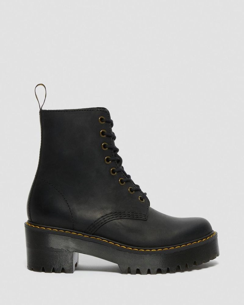 Black Dr Martens Shriver Hi - Wyoming Leather Heeled Boots (Burnished Wyoming) Boots | WJ53-O7WR