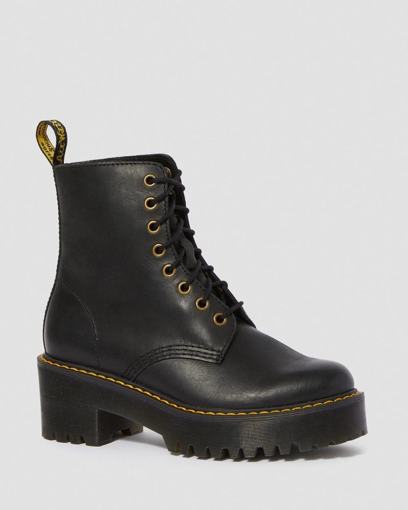 Black Dr Martens Shriver Hi - Wyoming Leather Heeled Boots (Burnished Wyoming) Boots | WJ53-O7WR