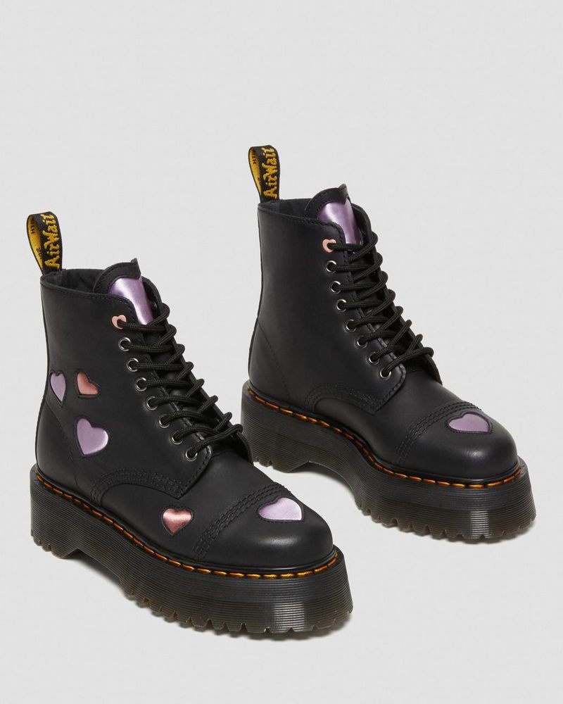 Black Dr Martens Sinclair Leather Heart Platform Boots (Lapstone+Satin Lux) Platforms Boots | UG29-Y3FX