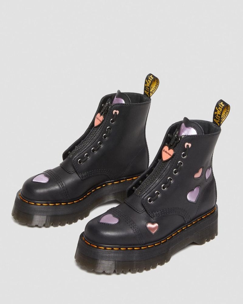 Black Dr Martens Sinclair Leather Heart Platform Boots (Lapstone+Satin Lux) Platforms Boots | UG29-Y3FX