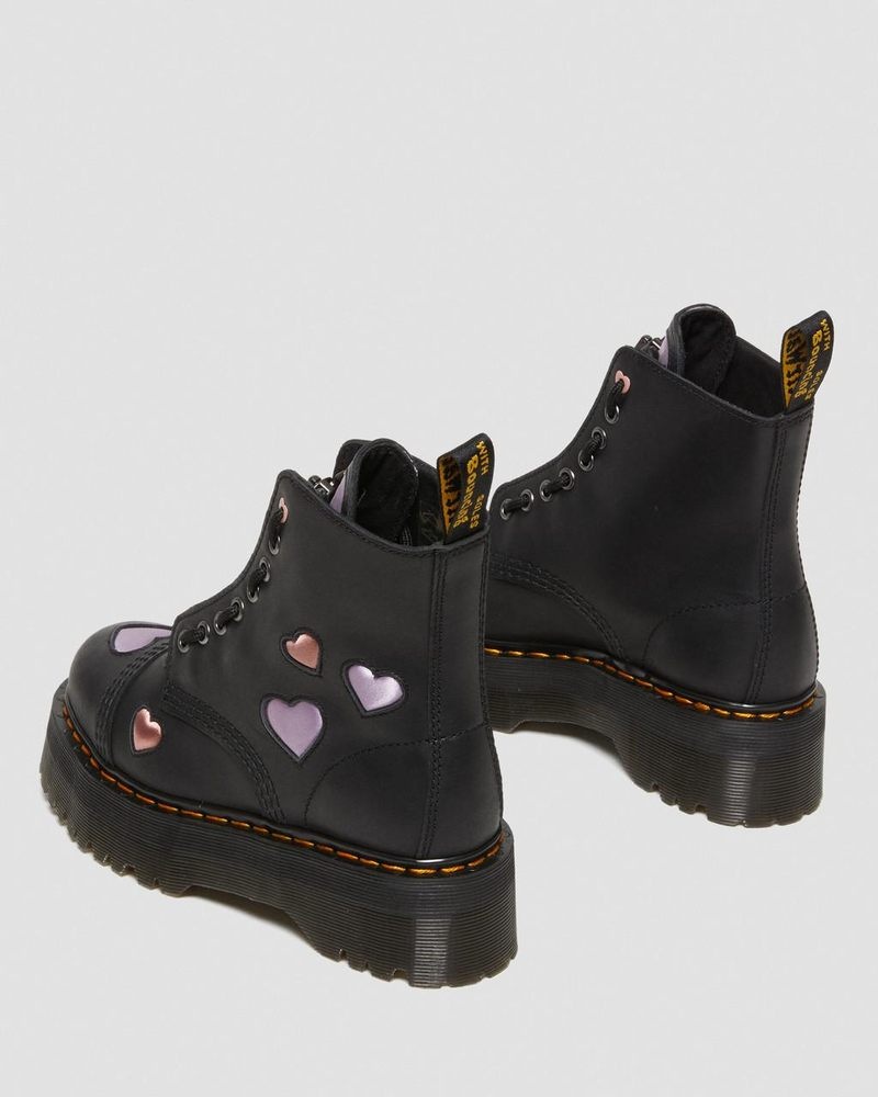 Black Dr Martens Sinclair Leather Heart Platform Boots (Lapstone+Satin Lux) Platforms Boots | UG29-Y3FX