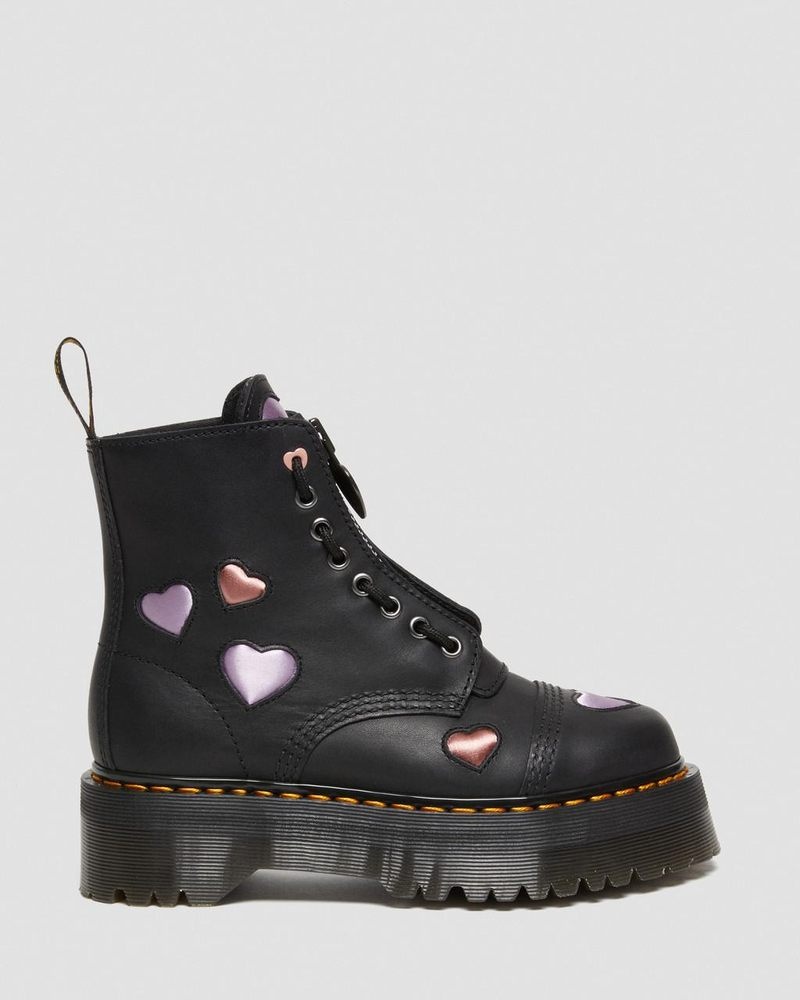 Black Dr Martens Sinclair Leather Heart Platform Boots (Lapstone+Satin Lux) Platforms Boots | UG29-Y3FX