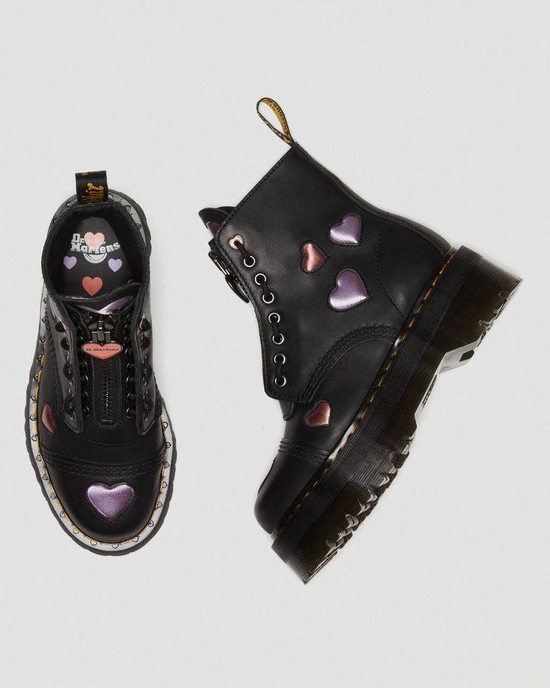 Black Dr Martens Sinclair Leather Heart Platform Boots (Lapstone+Satin Lux) Platforms Boots | UG29-Y3FX