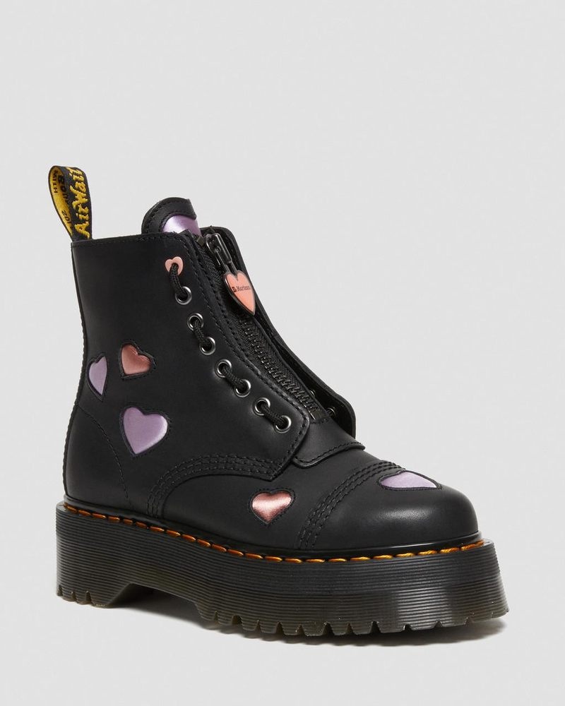 Black Dr Martens Sinclair Leather Heart Platform Boots (Lapstone+Satin Lux) Platforms Boots | UG29-Y3FX