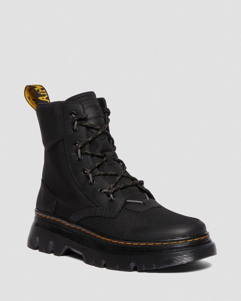 Black Dr Martens Tarik Leather & Nylon Utility Boots (Waxed Full Grain+Hydro+ Recycled Nylon Ripstop) Boots | ON55-O2GS