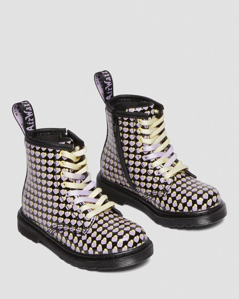 Black Dr Martens Toddler 1460 Patent Heart Printed Lace Up Boots (Patent Leather) Boots | NR09-L9XB