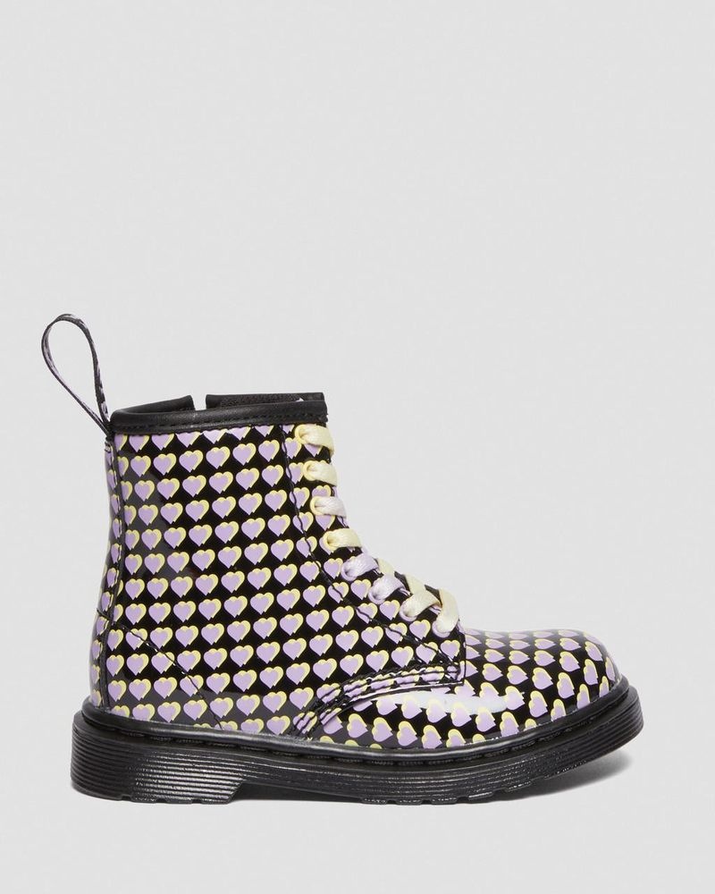 Black Dr Martens Toddler 1460 Patent Heart Printed Lace Up Boots (Patent Leather) Boots | NR09-L9XB