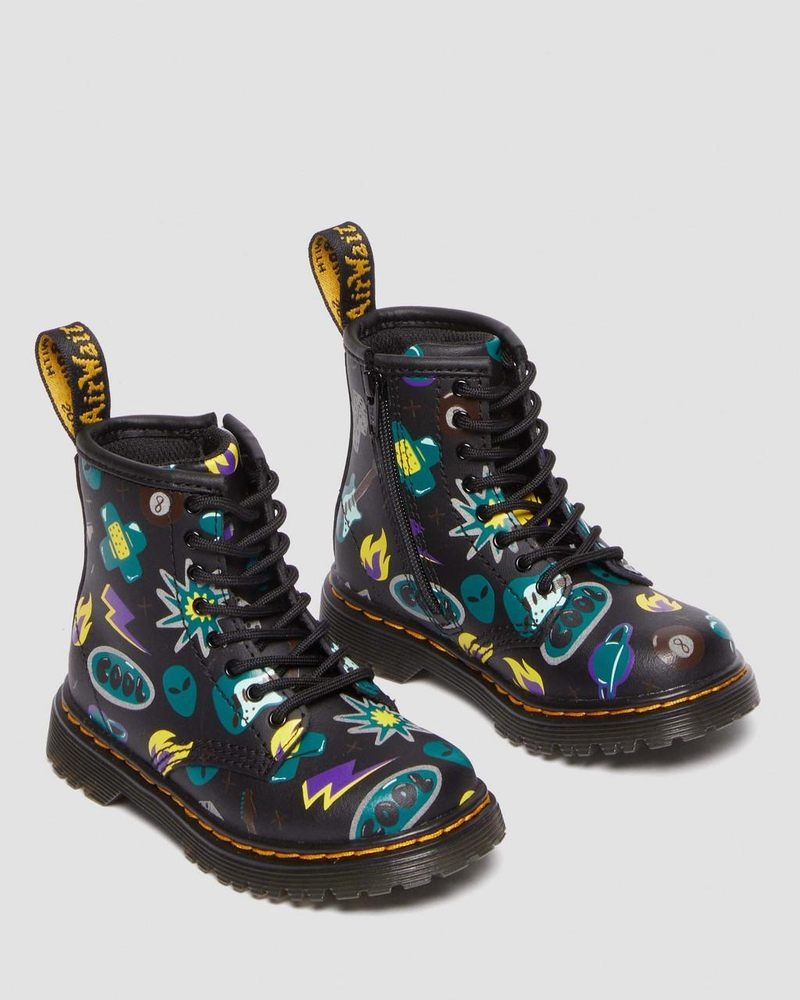 Black Dr Martens Toddler 1460 Sticker Print Leather Lace Up Boots (Sticker Print Hydro) Boots | DZ82-M6RC