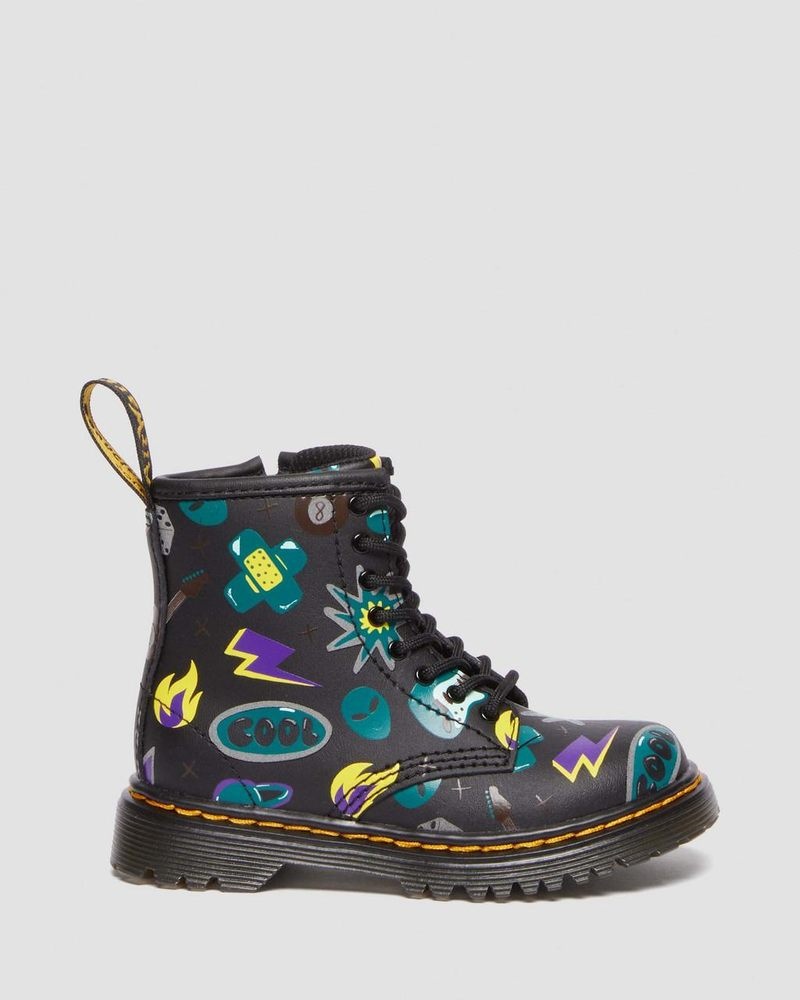 Black Dr Martens Toddler 1460 Sticker Print Leather Lace Up Boots (Sticker Print Hydro) Boots | DZ82-M6RC