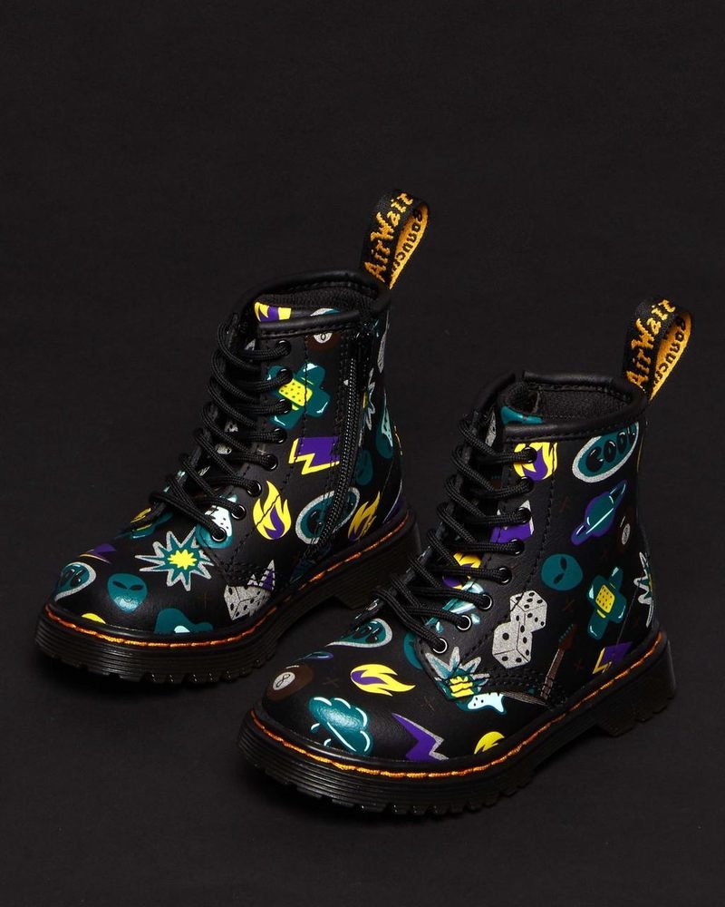 Black Dr Martens Toddler 1460 Sticker Print Leather Lace Up Boots (Sticker Print Hydro) Boots | DZ82-M6RC