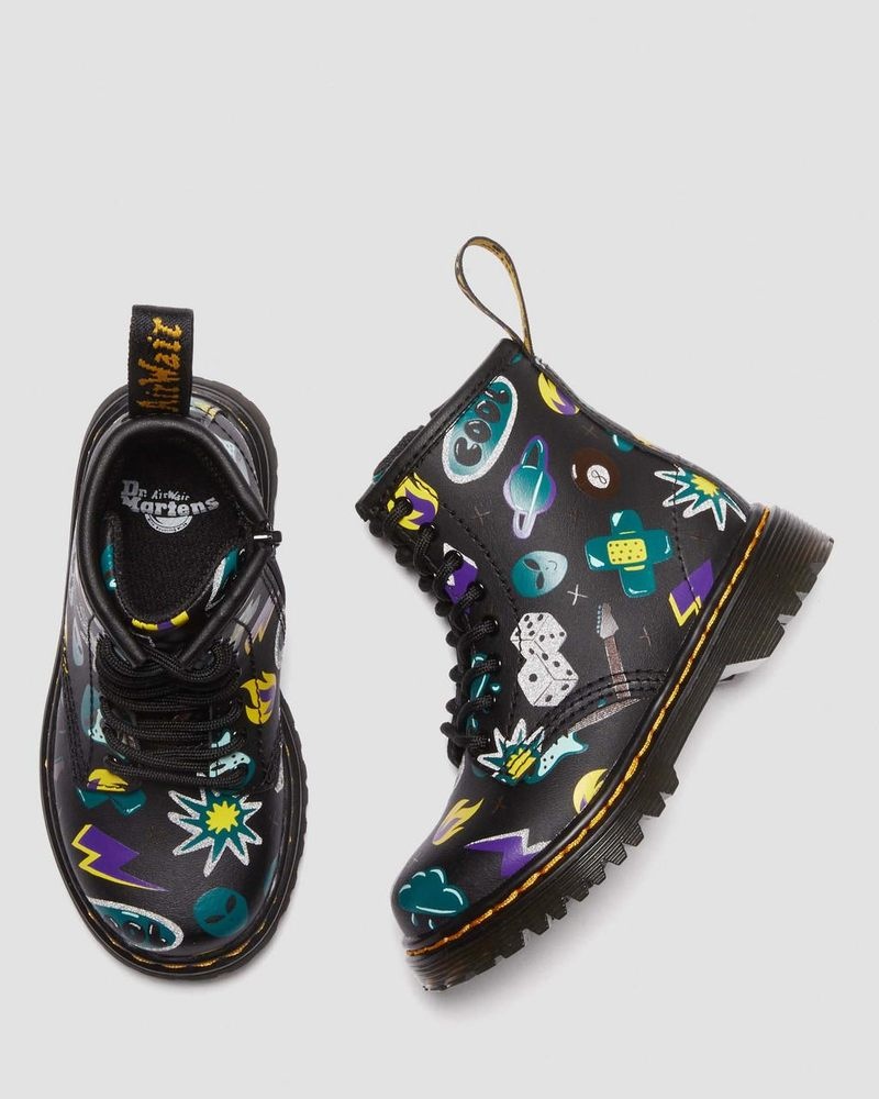 Black Dr Martens Toddler 1460 Sticker Print Leather Lace Up Boots (Sticker Print Hydro) Boots | DZ82-M6RC