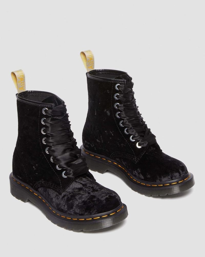 Black Dr Martens Vegan 1460 - Crushed Velvet Lace Up Boots (Crushed Velvet) Boots | UV55-L7PN