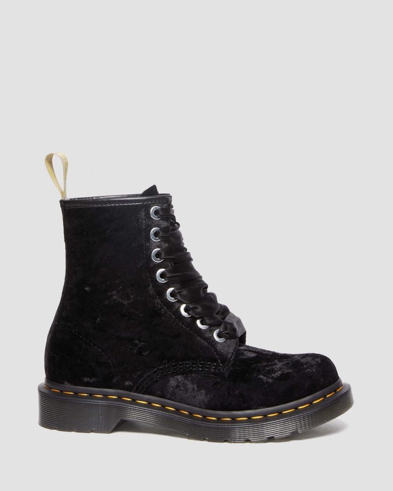 Black Dr Martens Vegan 1460 - Crushed Velvet Lace Up Boots (Crushed Velvet) Boots | UV55-L7PN