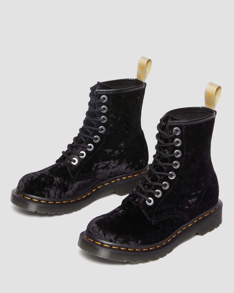 Black Dr Martens Vegan 1460 - Crushed Velvet Lace Up Boots (Crushed Velvet) Boots | UV55-L7PN