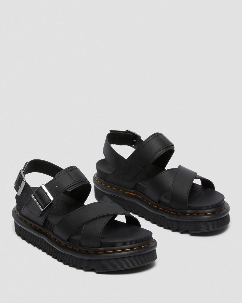 Black Dr Martens Voss II - Leather Strap Sandals (Hydro Leather) Platforms Sandals | AK63-S8YE