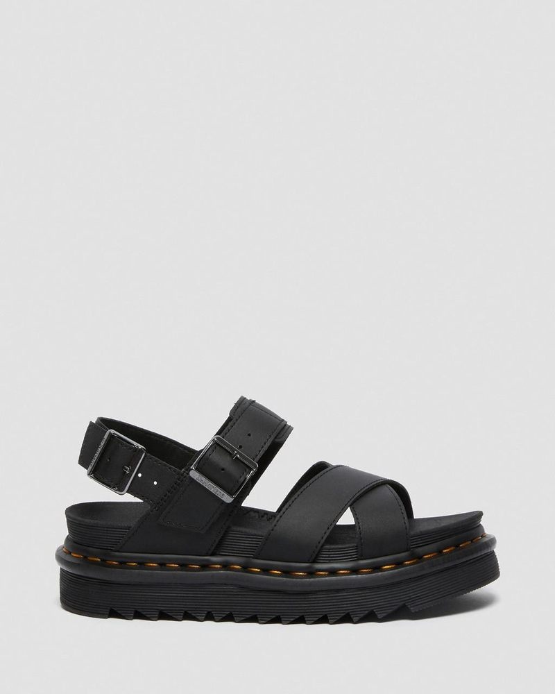 Black Dr Martens Voss II - Leather Strap Sandals (Hydro Leather) Platforms Sandals | AK63-S8YE