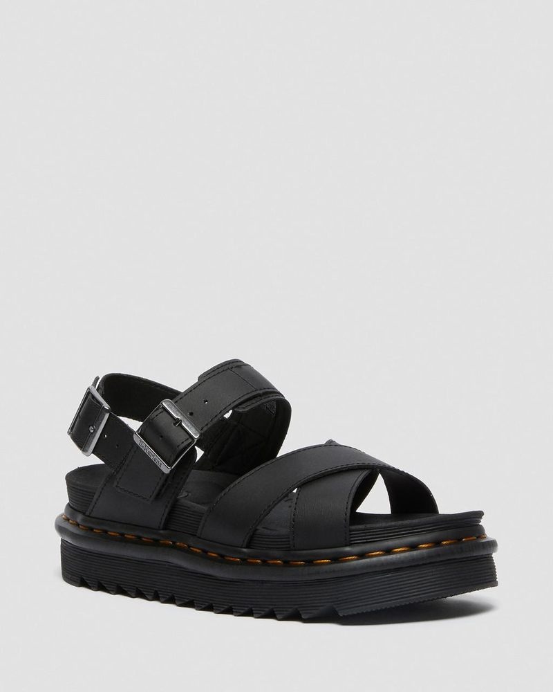 Black Dr Martens Voss II - Leather Strap Sandals (Hydro Leather) Platforms Sandals | AK63-S8YE