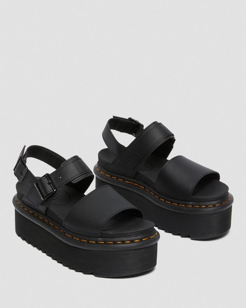 Black Dr Martens Voss - Leather Strap Platform Sandals (Hydro Leather) Platforms Sandals | JK70-P9GI