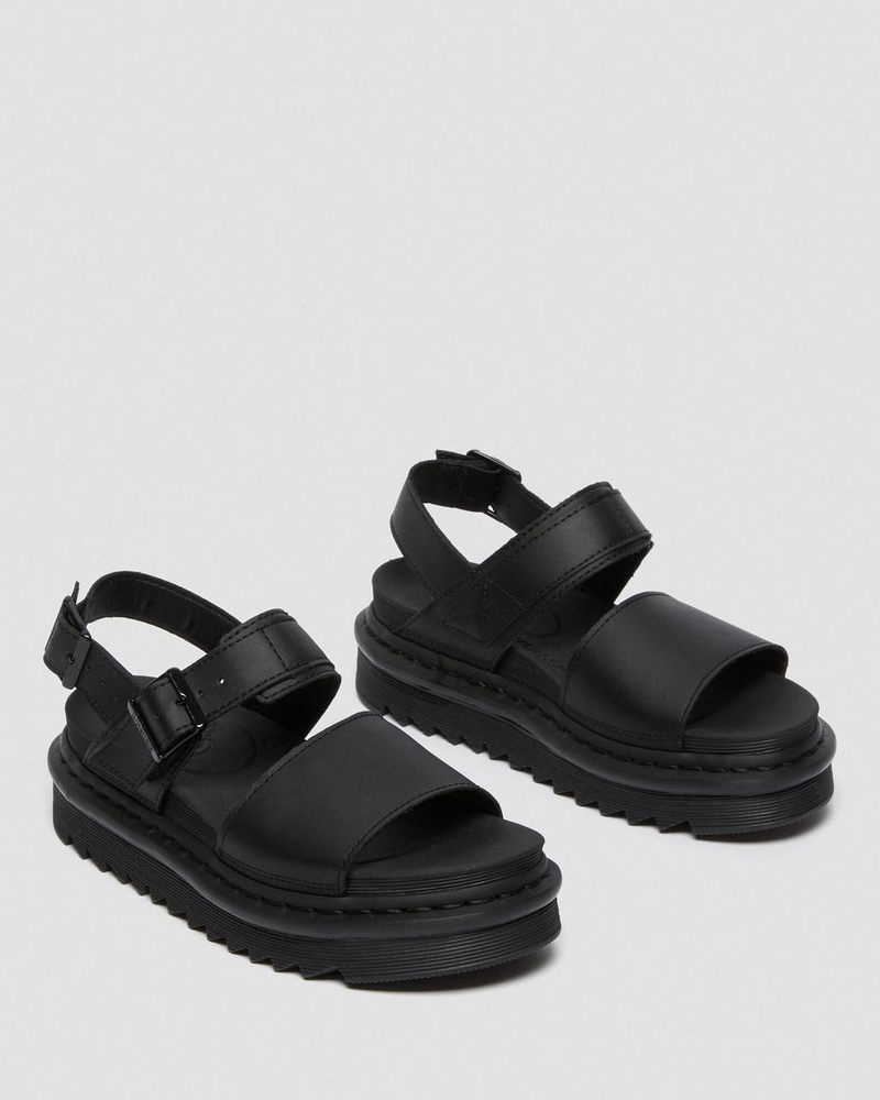 Black Dr Martens Voss - Leather Strap Sandals (Hydro Leather) Platforms Sandals | ZV34-O0MB