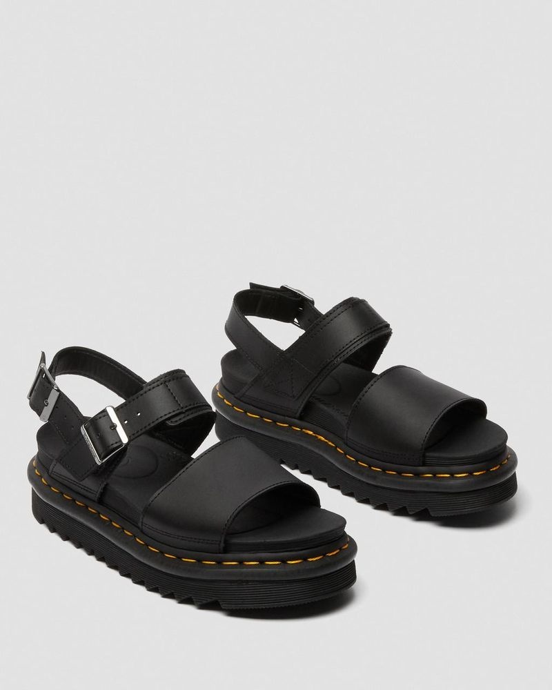 Black / Black Dr Martens Voss - Leather Strap Sandals (Hydro Leather) Platforms Sandals | BC96-M8QO