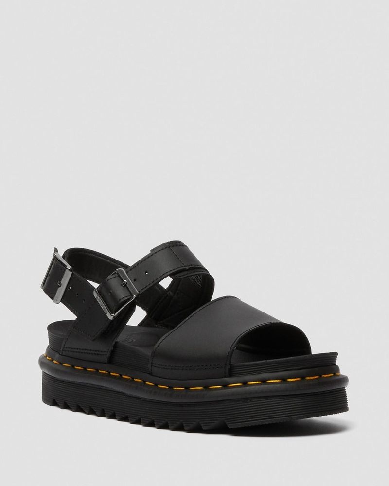 Black / Black Dr Martens Voss - Leather Strap Sandals (Hydro Leather) Platforms Sandals | BC96-M8QO