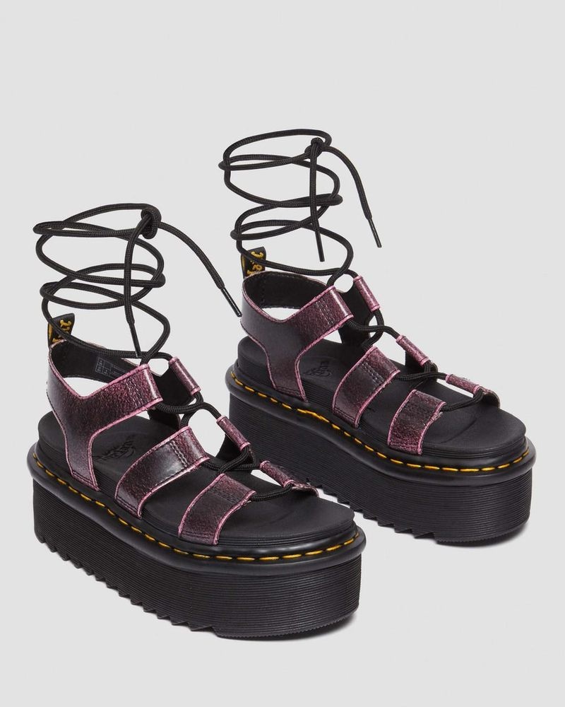 Black / Fondant Pink Dr Martens Nartilla Distressed Leather Platform Gladiator Sandals (Two Tone Rub Off) Platforms Sandals | MJ26-Q6SO