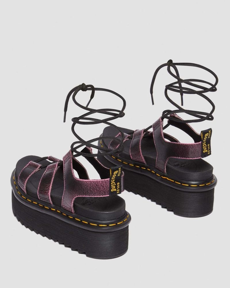 Black / Fondant Pink Dr Martens Nartilla Distressed Leather Platform Gladiator Sandals (Two Tone Rub Off) Platforms Sandals | MJ26-Q6SO