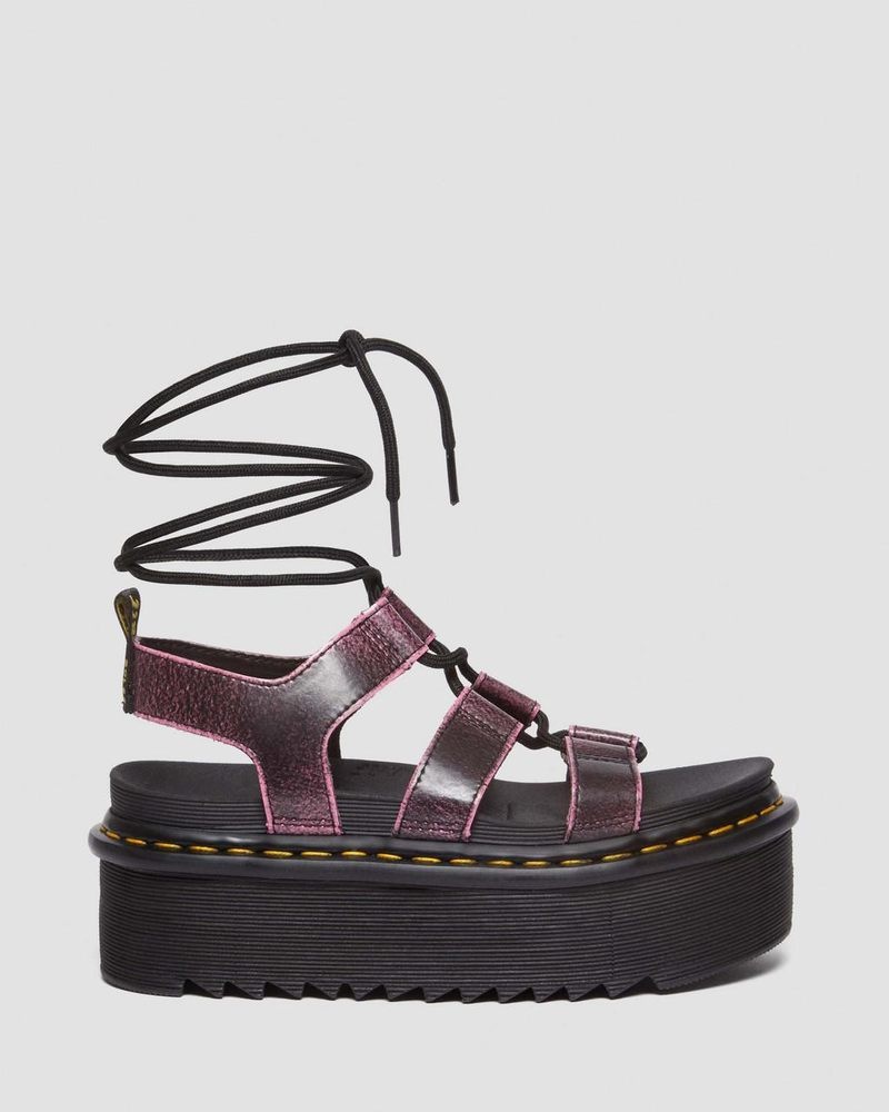 Black / Fondant Pink Dr Martens Nartilla Distressed Leather Platform Gladiator Sandals (Two Tone Rub Off) Platforms Sandals | MJ26-Q6SO