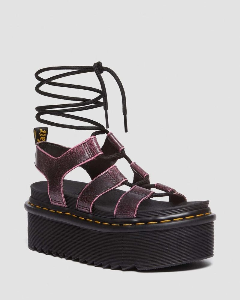 Black / Fondant Pink Dr Martens Nartilla Distressed Leather Platform Gladiator Sandals (Two Tone Rub Off) Platforms Sandals | MJ26-Q6SO