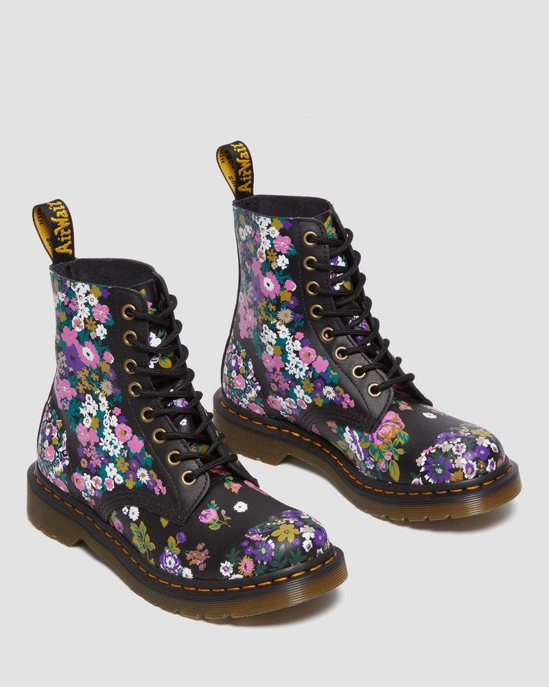 Black / Multi Dr Martens 1460 Pascal - Vintage Floral Leather Lace Up Boots (Vintage Floral Backhand) Boots | BE48-S7CF