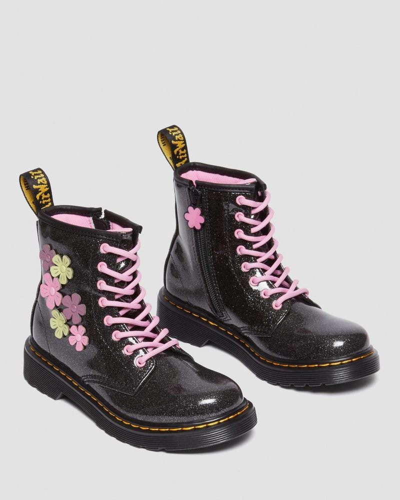 Black / Multi Dr Martens Junior 1460 Glitter & Flower Applique Lace Up Boots (Coated Glitter Pu+Athena) Shoes | MI83-W1HO