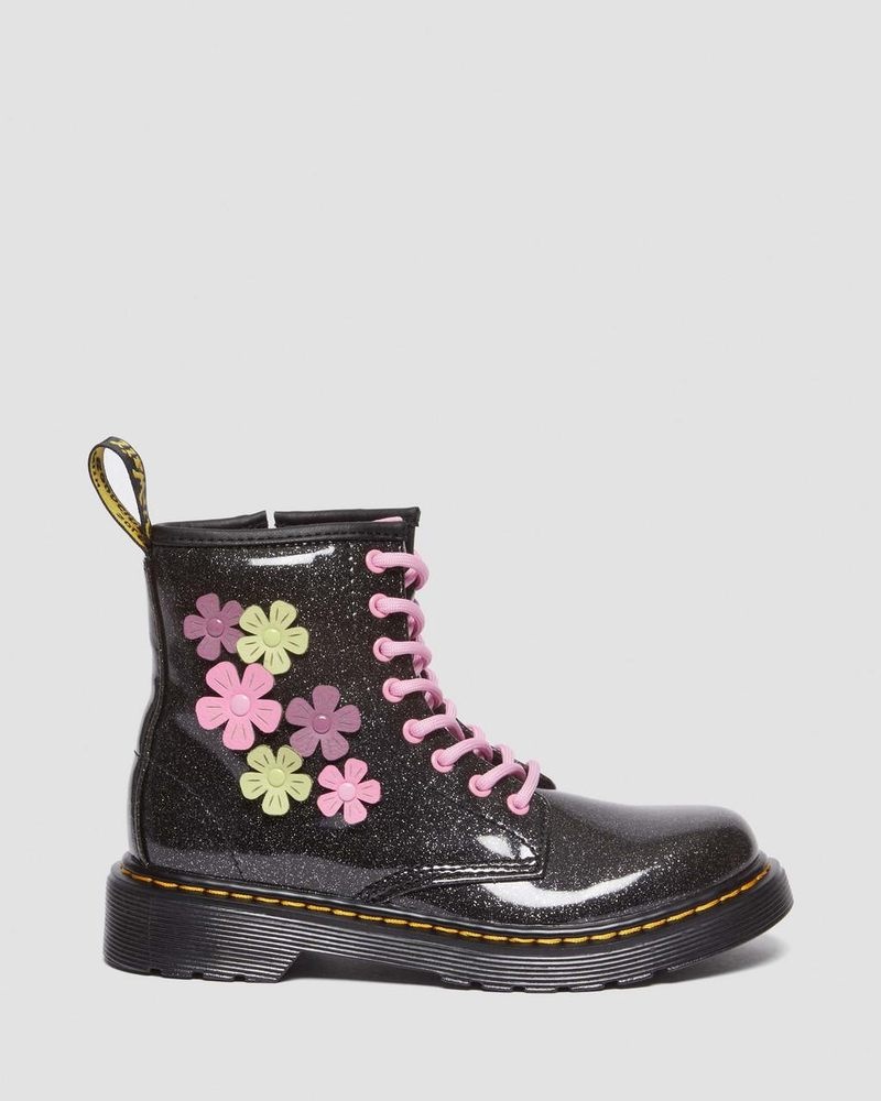 Black / Multi Dr Martens Junior 1460 Glitter & Flower Applique Lace Up Boots (Coated Glitter Pu+Athena) Shoes | MI83-W1HO